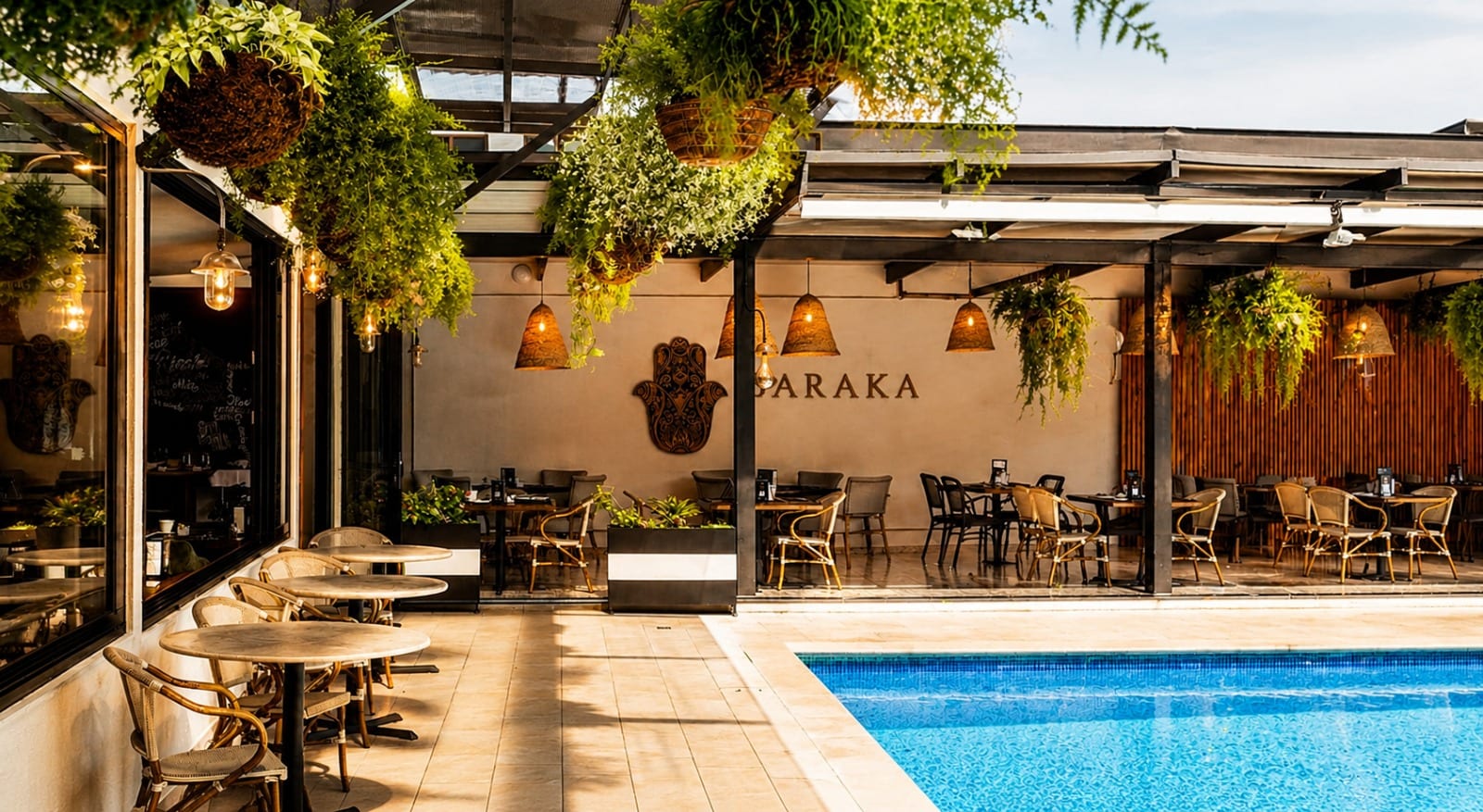 Terrasse du Restaurant Baraka au bord de la piscine du KC Hotel San José